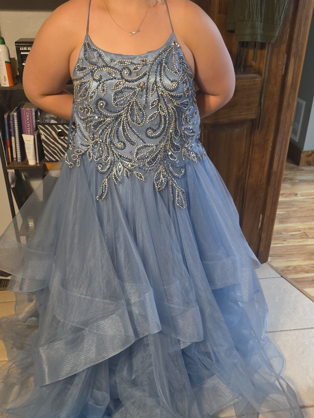 Vintage Blue Beaded Tulle Prom Dress with Spaghetti Straps